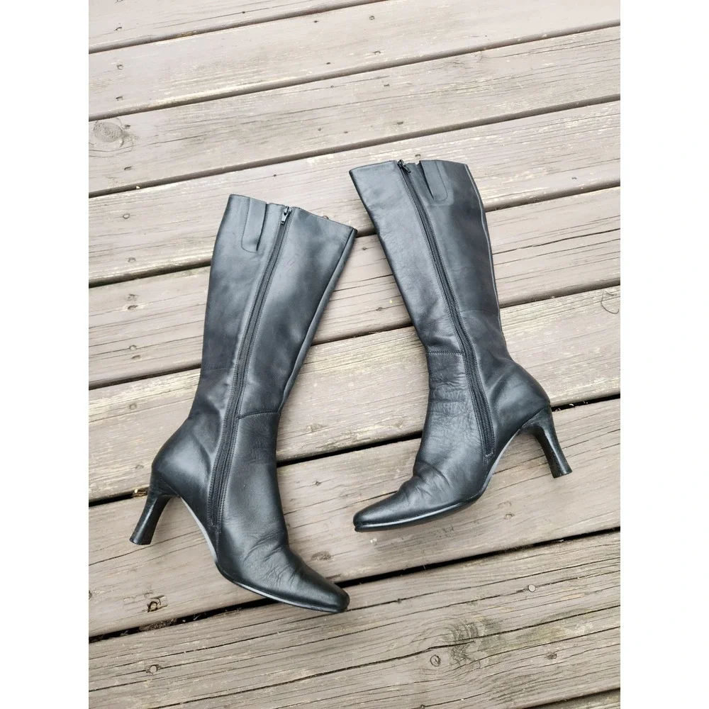 Vintage 90s Y2K Indeed Knee High Boots Black Leather Square Toe Stiletto 8.5M
